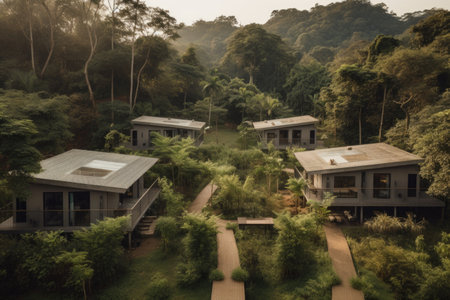 eco-friendly resort, surrounded by greenery and natural beauty, created with generative aiの素材