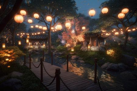 magical garden with floating lanterns, glittering pathways, and twinkling stars, created with generative aiの素材