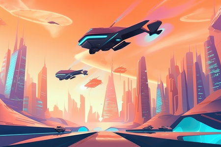 abstract and surreal landscape with futuristic cityscape of towering skyscrapers, flying cars, and advanced technology, created with generative aiの素材
