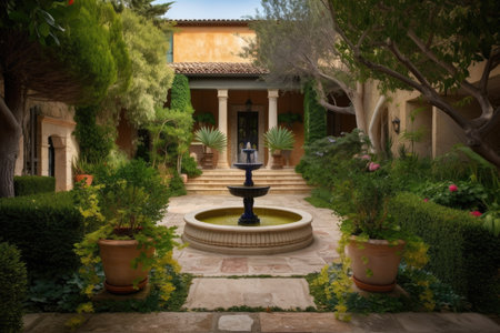traditional mediterranean house with lush gardens and babbling fountain, created with generative aiの素材