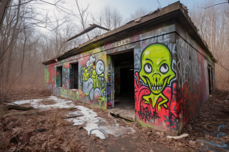 alien graffiti artist using spray paint to decorate abandoned building, created with generative aiの素材