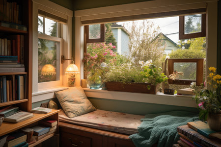cozy reading nook by the window, with view of blooming flowers and hummingbirds, created with generative aiの素材