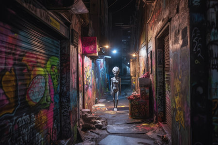 alien figure peeking out of dark alleyway, surrounded by vibrant graffiti, created with generative aiの素材