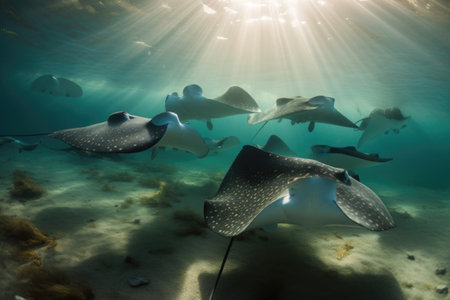school of rays swimming in graceful formation, their smooth bodies undulating, created with generative aiの素材