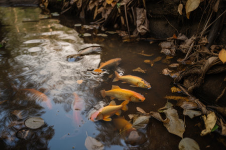 fish swimming in stream turned murky by runoff from nearby farm, created with generative aiの素材