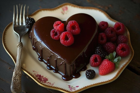 heart-shaped chocolate cake with a rich ganache glaze and fresh raspberries on top, created with generative aiの素材