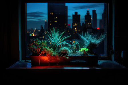 neon plant growing in window box, with view of city skyline, created with generative aiの素材