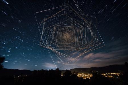 complex geometric shapes flying through the sky in a time-lapse video, created with generative aiの素材