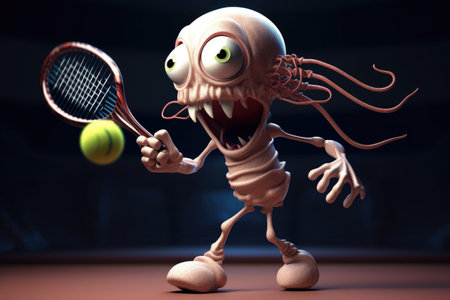 alien playing tennis, with its tentacles in motion and its eyes focused on the ball, created with generative aiの素材