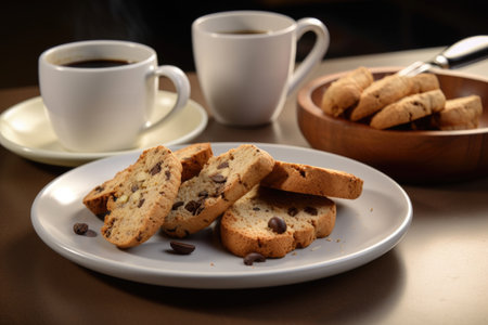 plate of cookies and biscotti, ready to be served with coffee, created with generative aiの素材