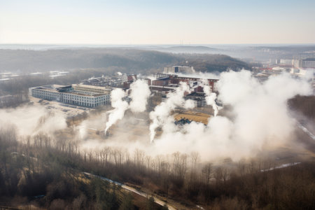 industrial park, with smoke and steam rising from its factories, created with generative aiの素材