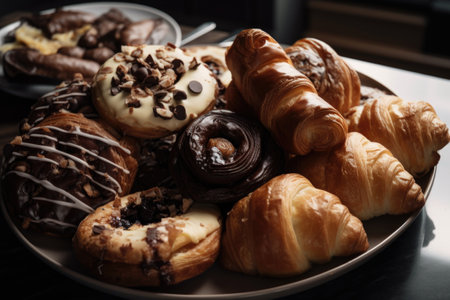plate of pastries, including croissants and danish rolls, drizzled with icing or chocolate, created with generative aiの素材