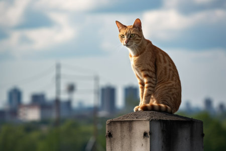 cat, perched atop tall and sleek tower, surveying the city, created with generative aiの素材