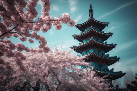 abstract and stylized view of traditional chinese pagoda, with cherry blossoms in the foreground, created with generative aiの素材