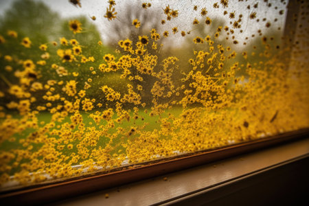 pollen-covered pane of a window, with view of the outside world, created with generative aiの素材