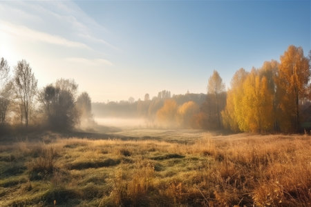 sunny autumn morning, with bright sunlight illuminating the misty landscape, created with generative aiの素材