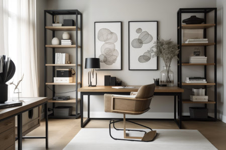 a home office with a sleek and modern design, featuring clean lines and minimalistic decor, created with generative aiの素材