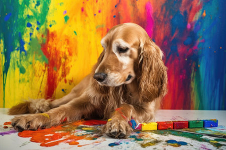 dog with paintbrush in paw, painting bright and colorful abstract artwork, created with generative aiの素材
