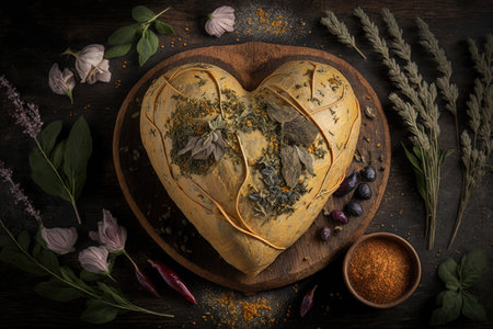 heart-shaped bread loaf with a golden crust, surrounded by herbs and spices, created with generative aiの素材