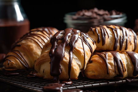 homemade croissants, filled with chocolate and hazelnut ganache, drizzled in chocolate sauce, created with generative aiの素材