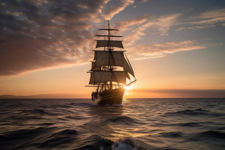 majestic clipper ship sailing on calm sea, with billowing sails and sun setting in the background, created with generative aiの素材