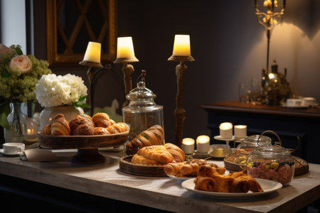 coffee break with gourmet treats and pastries in a calm and pleasant atmosphere, created with generative aiの素材