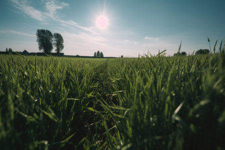 a low angle shot of a crop field on a farm, created with generative aiの素材