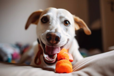 portrait of happy dog playing with new toy, its tongue hanging out and eyes full of joy, created with generative aiの素材