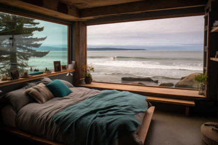 unexpected view of the ocean or a lake when walking into decluttered bedroom, created with generative aiの素材