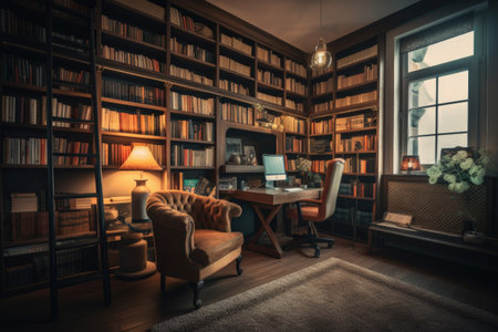 home office with wall of books, cozy armchair, and personal computer, created with generative aiの素材