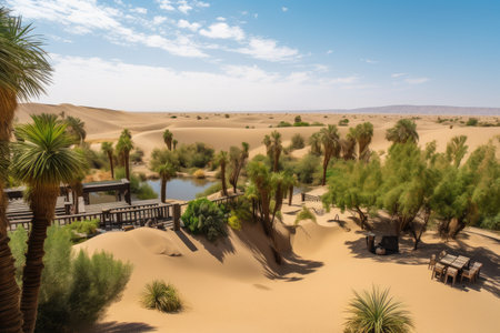 oasis with view of the distant desert, palm trees and rolling dunes, created with generative aiの素材