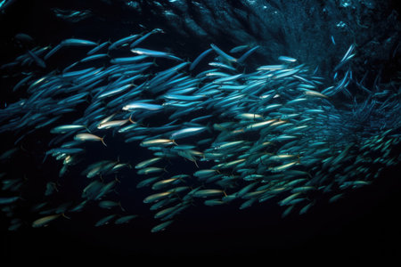 school of fish swimming together, creating a mesmerizing display of bioluminescence, created with generative aiの素材