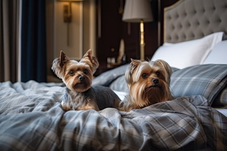luxury hotel with extravagant beds, soft blankets and cozy pillows for pets, created with generative aiの素材