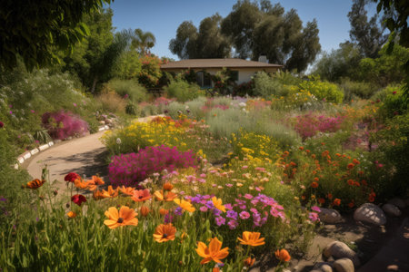 a garden with drought-tolerant and native plants, surrounded by beautiful blooming flowers, created with generative aiの素材