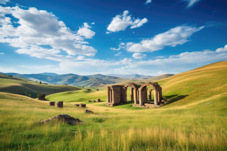 ancient ruins, with rolling hills and blue sky in the background, created with generative aiの素材