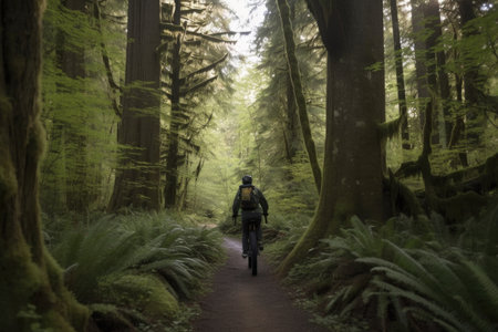 person, cycling through forest of towering trees, with view of distant peaks, created with generative aiの素材