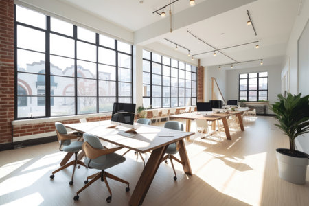 co-working space with high ceilings and natural light, perfect for collaboration, created with generative aiの素材