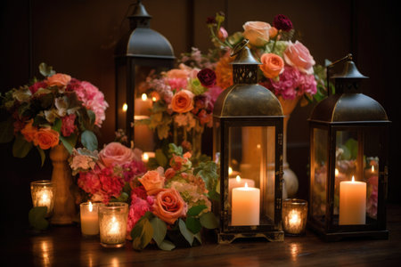 a dramatic lantern arrangement with flickering lights for a night of romance, created with generative aiの素材