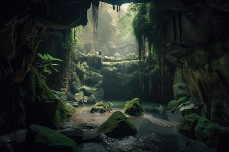 cave with waterfalls and greenery, inside a mountain, created with generative aiの素材