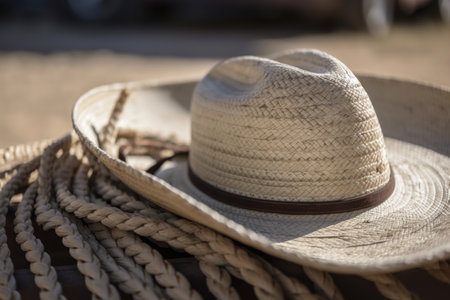 close-up of cowboy hat, with rope and buckle in the foreground, created with generative aiの素材