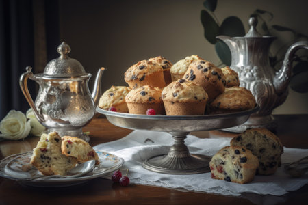 cake stand filled with muffins and scones, surrounded by tea service, created with generative aiの素材