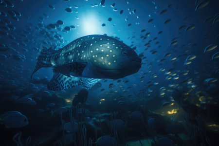 deep-sea creature swimming past school of fish, surrounded by glowing lights, created with generative aiの素材