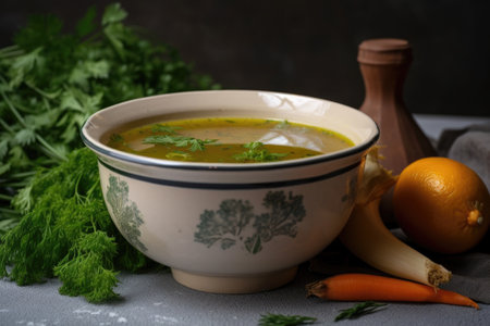 bowl of immunity-boosting soup with fresh herbs & spices, created with generative aiの素材