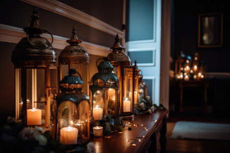 creative lighting scheme with twinkling fairy lights and lanterns for a magical atmosphere, created with generative aiの素材