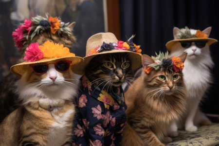 cool and casual feline fashion show with models showcasing cat-sized hats and sunglasses, created with generative aiの素材