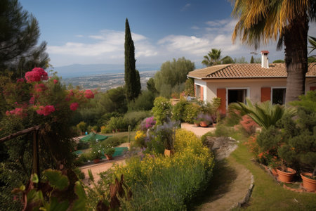 mediterrean house with private garden and stunning view, created with generative aiの素材