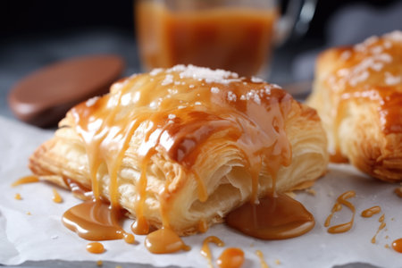 warm flaky puff pastry turnover topped with rich caramel sauce, created with generative aiの素材