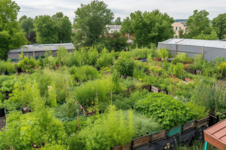 green rooftop garden with trees and plants growing in pots, created with generative aiの素材
