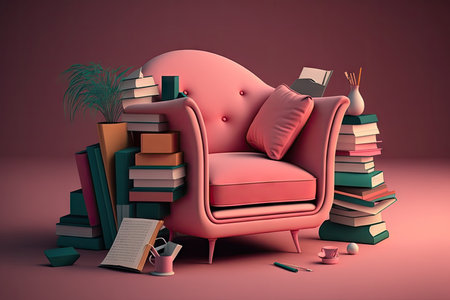 a pink armchair surrounded by a variety of books, all with different covers and titles, created with generative aiの素材
