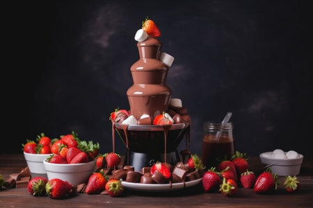 chocolate fountain with strawberries and marshmallows for sweet and fruity twist, created with generative aiの素材